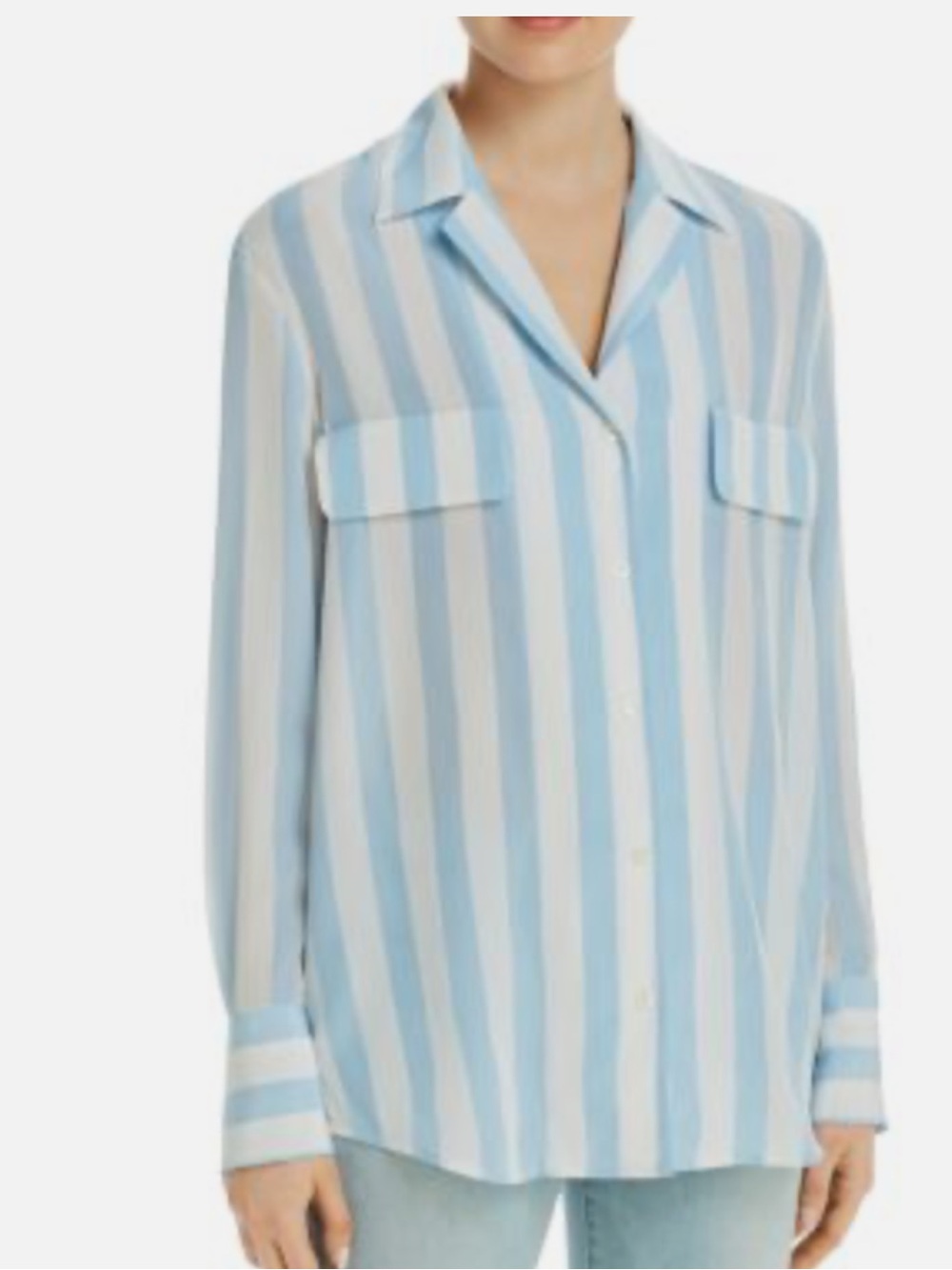 Frame Striped Blue and White Button-Down Silk Blouse